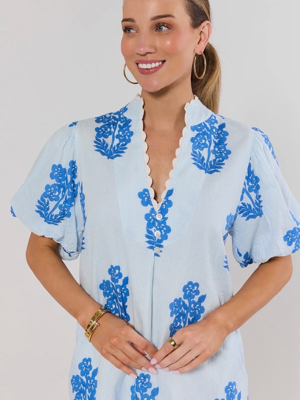 Blue Floral Mini Dress with Scalloped V-Neck - Picture 2 of 9